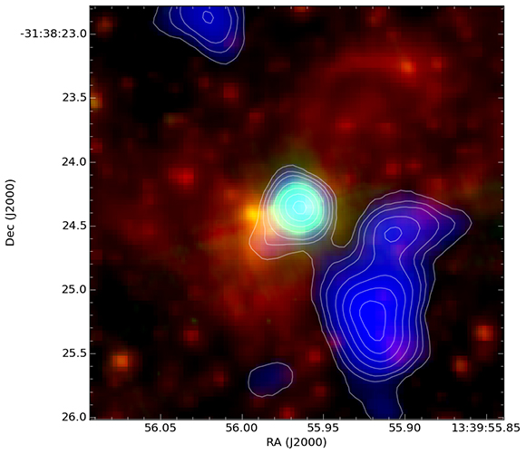 This image from Prof. Beck's paper shows the old stars of NGC 5253 (red), the young star cluster (light blue), and in dark blue the molecular gas falling into the star cluster, fuel for the birth of more stars.